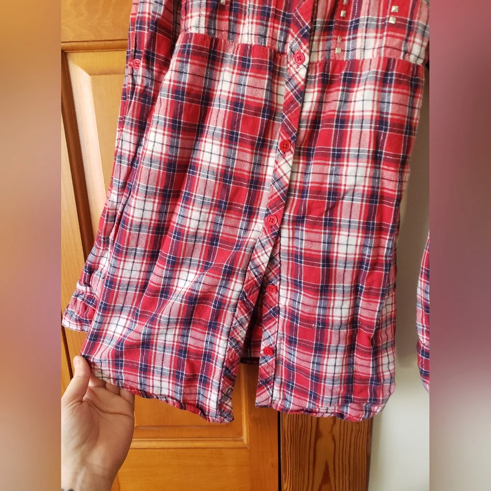 Girls Justice Red White Blue Patriotic Studded Plaid Button Up Tunic Shirt 12